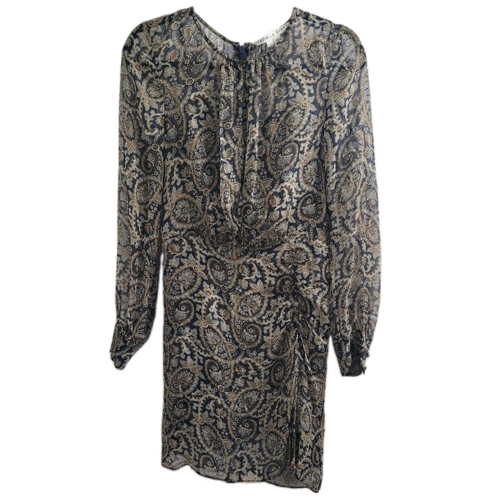 Veronica Beard Palmora Dress 4 Silk Paisley Ruched Mini Sheer Long Sleeve $598
